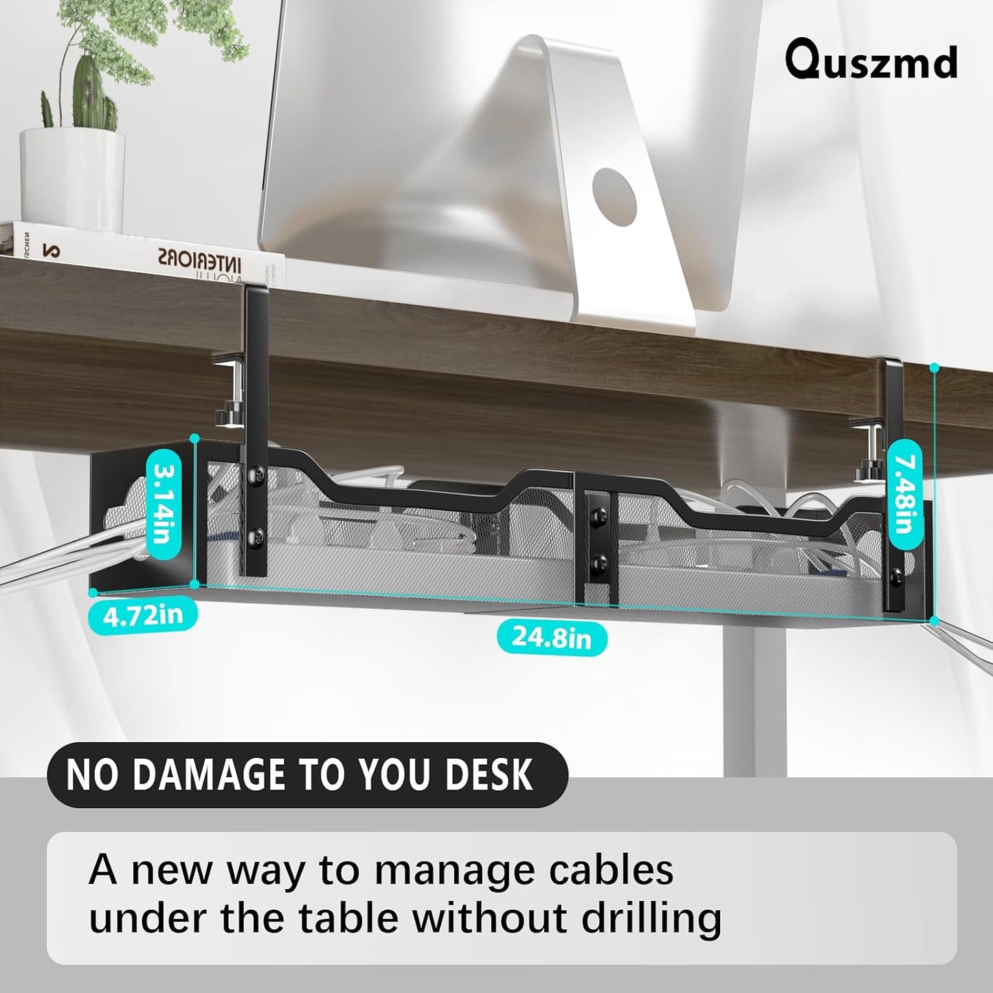 Under Desk Cable Management Tray 24.8", Quszmd Cable Organizer No Drill, Standing Cord Organizer and Wire Management Tray - No Damage to Desk, Black