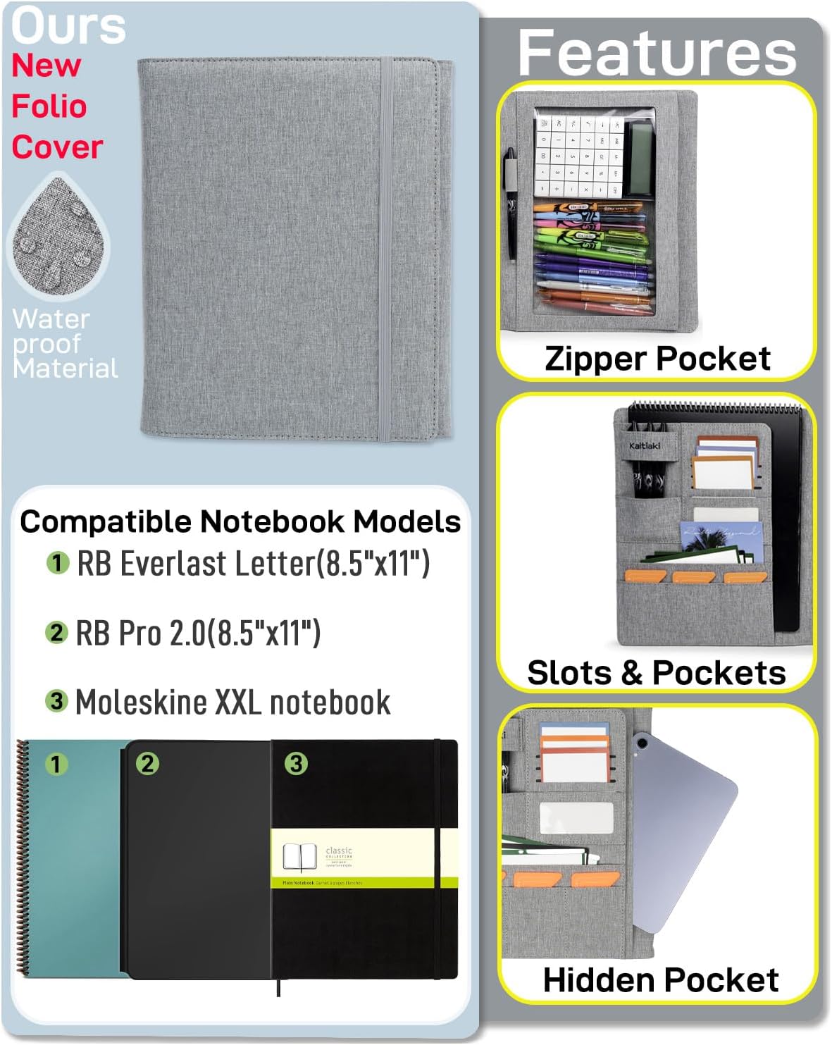 Sturdy Planner Cover for Rocketbook Smart Notebook - Water-Resistant Fabric Padfolio, Business Padfolio with Zipper Pen Pocket, Fits 8.5 x 11 Letter Size, Rocketbook Accessories (Gray)