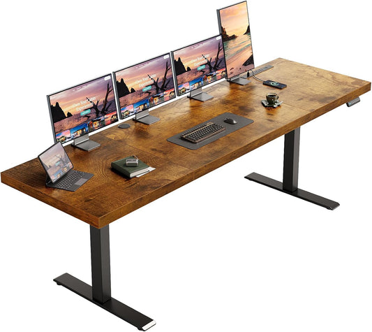 OffiGo Electric Standing Desk with 3-Piece Board, 79 Inch Height Adjustable Large Desk with Power Outlets, Sit Stand Table, Writing Computer Desk for Home, Office, Workstation, Rustic Brown