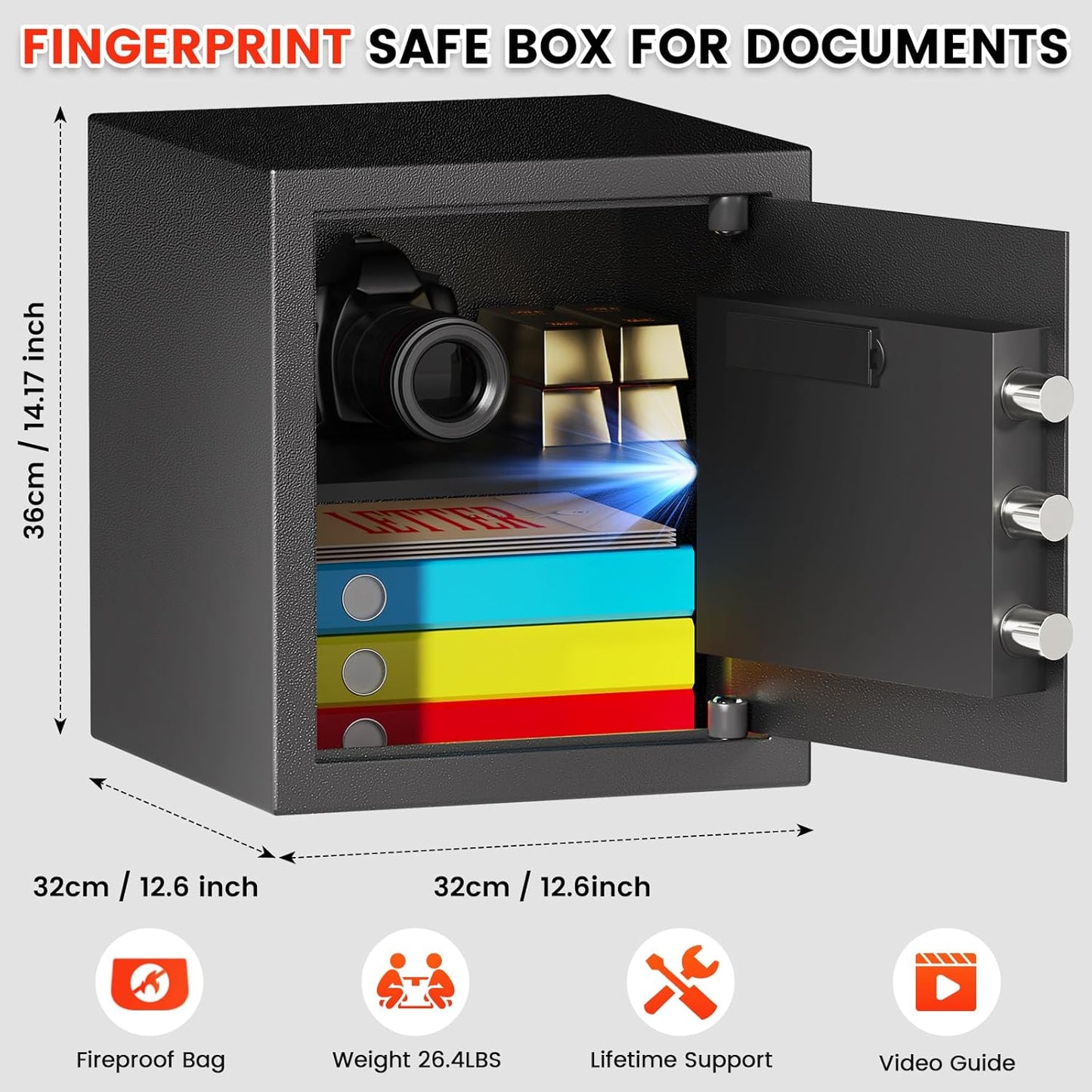 1.3 Cuft Fingerprint Safe Box, Biometric Home Safes with Fireproof Waterproof Bag, Combination Keypad, Anti-Theft Dual Alert, Mute Mode, Digital Security Money Safes For Cash Jewelry Office Document