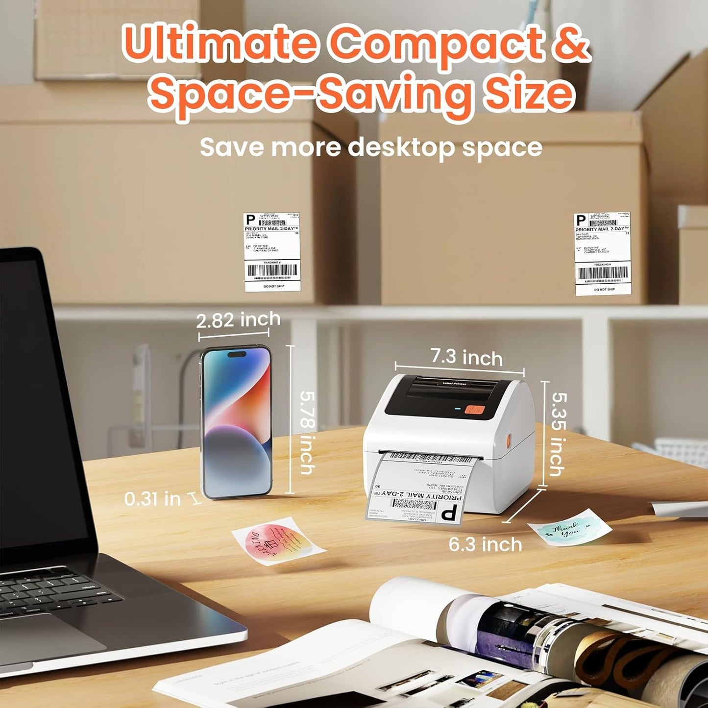 Bluetooth Thermal Shipping Label Printer - D450BT Thermal Label Printer 4x6 for Small Business & Shipping Packages, Compatible with iPhone, Android, iPad, Windows, macOS, USPS, Amazon, Tiktok