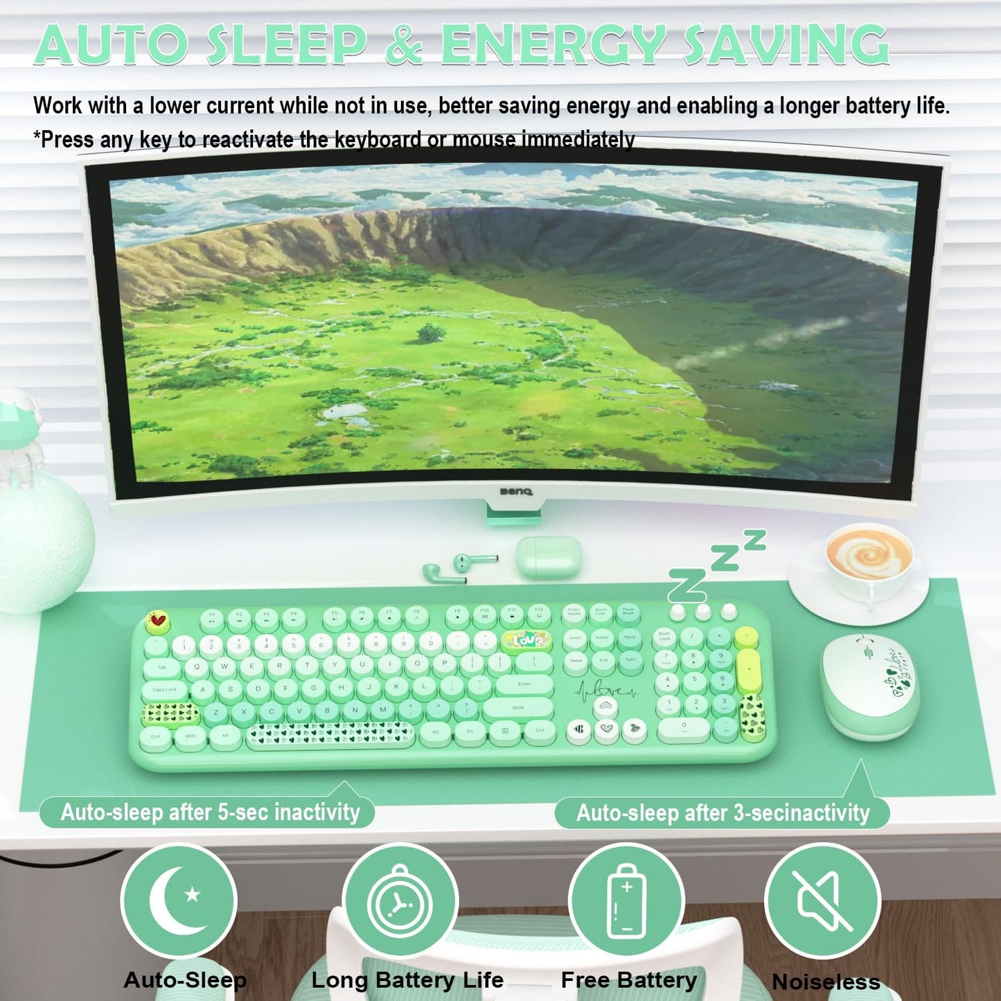 Wireless Keyboard Mouse Set,MOFII 104 Round Keys Lovely Retro Cute Colorful Computer Typewriter Keyboard and Mouse for PC/Mac/Laptop/Tablet/Computer/Windows Green