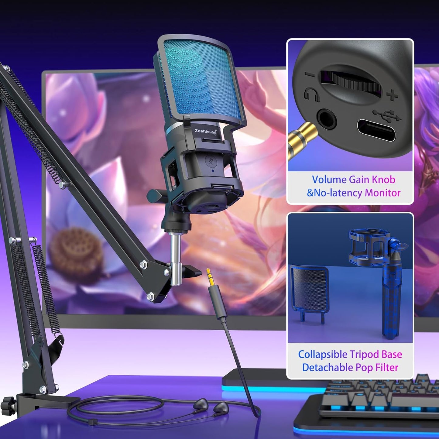 ZealSound Gaming USB Microphone,Noise Cancellation Condenser mic,RGB Microphone with Mute,Gain,Monitoring,Boom Arm,Pop Filter for Phone,PC,Computer,PS4,PS5,Mac,Streaming,Podcast,Twitch,YouTube,Discord
