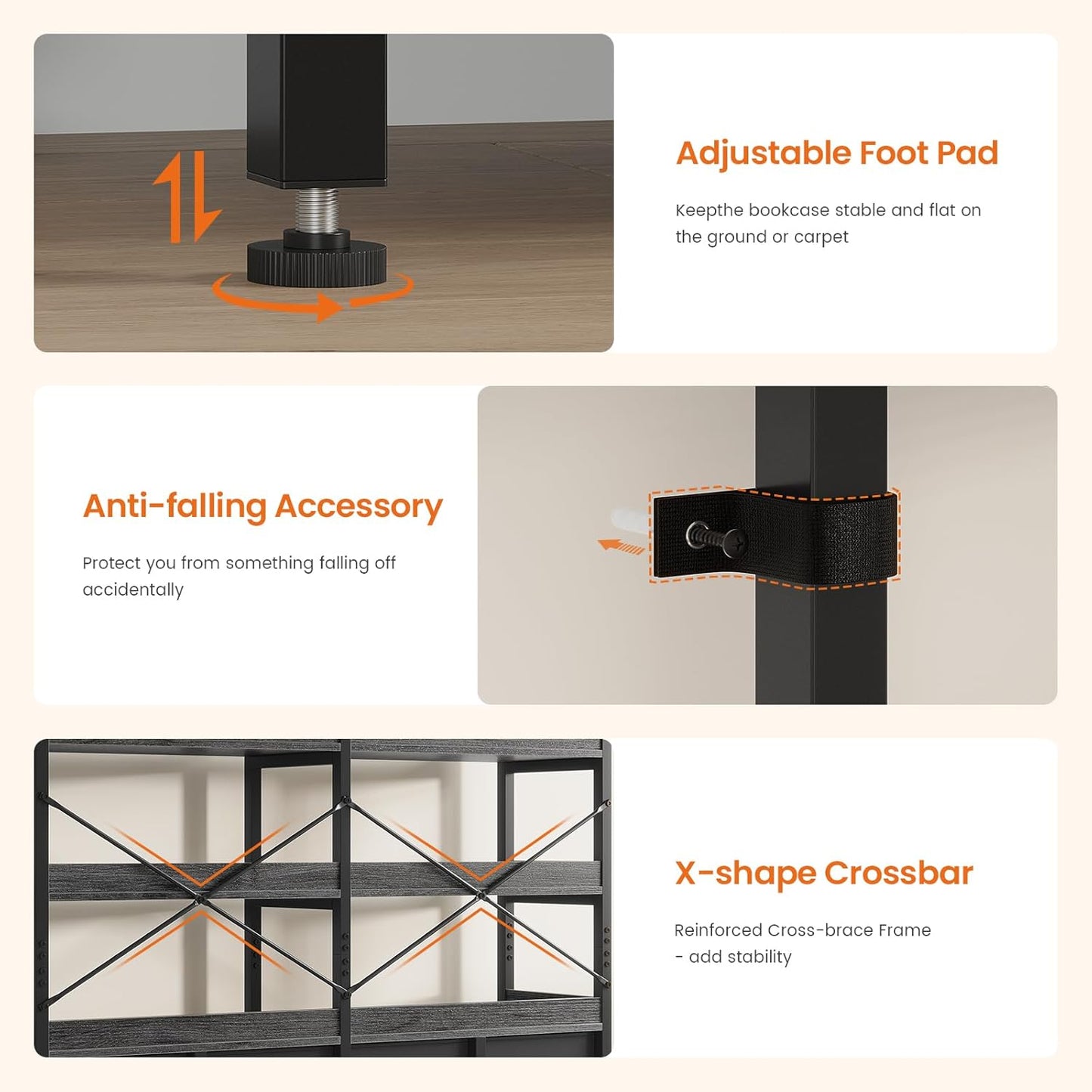 Bookshelf with 8 Fabric Drawers, 7-Tier Bookcase with Baffles Display Shelves, Industrial Large Book Shelf for Living Room Home Office, Grey
