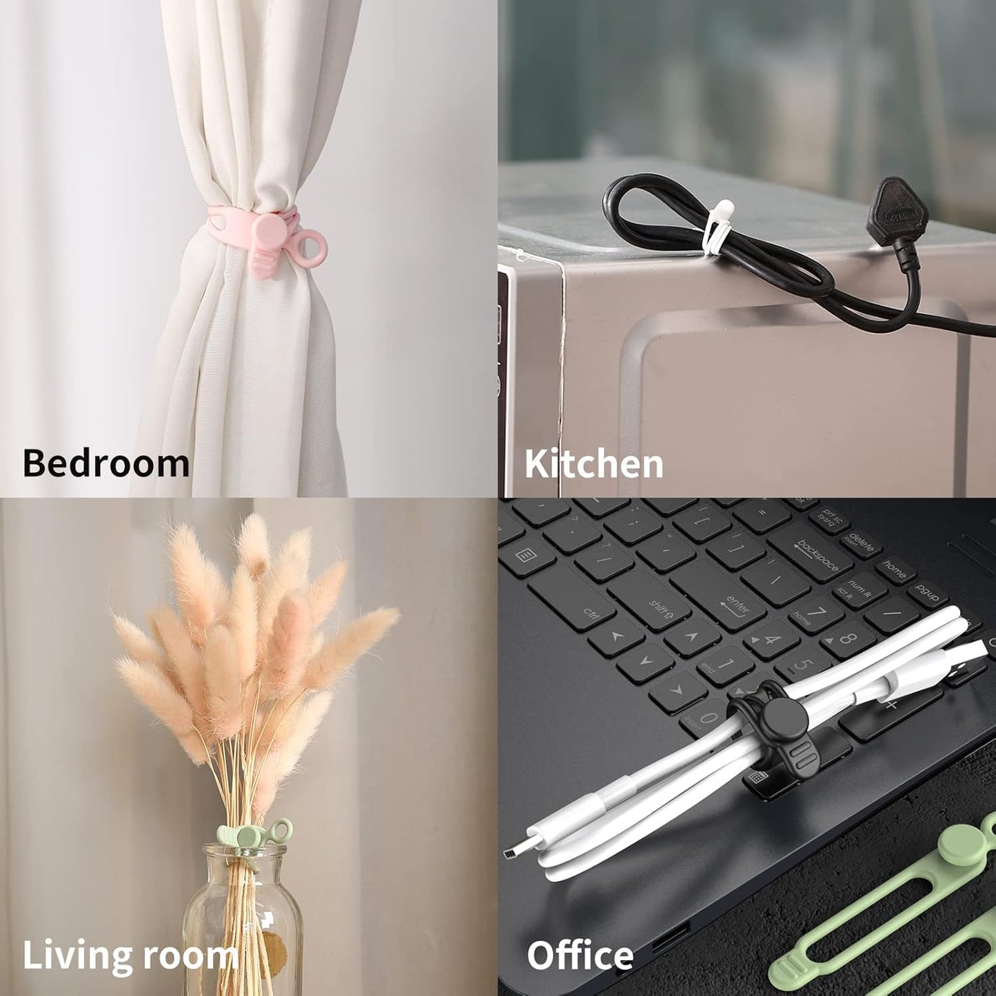 Silicone Cable Straps, 10pcs Extra-Long Reusable Hanging Organizer for Cables, Kitchen, Home, School (Black & White)