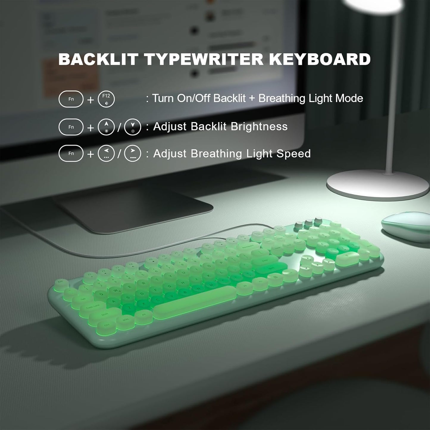 MOFII Backlit Keyboard Wired, Retro Typewriter Computer Keyboard with Numeric Keypad and Media, Cute Full Size USB Keyboard for Windows, Laptop, Desktop, PC (Green Colorful)