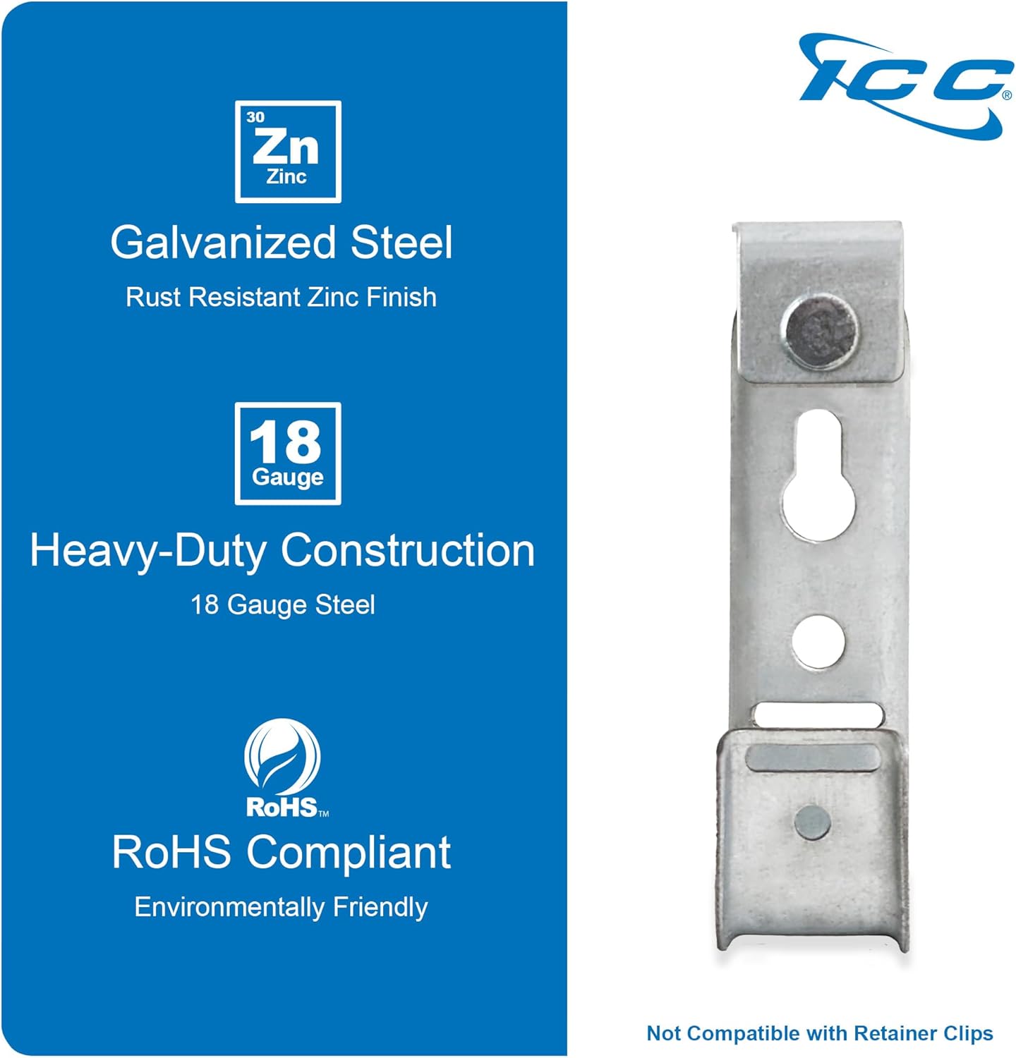 ICC Ceiling Mount J Hook 3/4” Without Retainer Clip - Galvanized Steel Cable Management Hooks for Hanging Cable - Rust-Resistant, EIA and TIA Compliant - 3/4 Inch 25 Pack