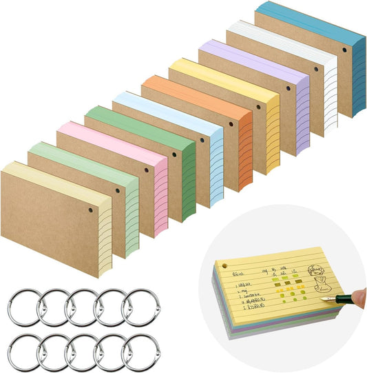 Huakaile 1000 Pieces Colored Index Cards, 3" x 5" Ruled Flash Cards with Ring, Double-Sided Lined Note Cards for School Study College to Do List Office (10 Colors)