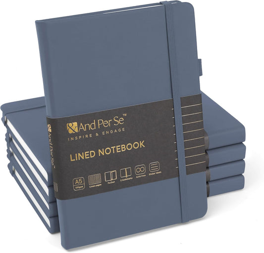 &And Per Se Lined Journal Notebook (5 Packs), 160 Pages, A5 5.7 x 8 inches College Ruled Thick Paper Notebook Journals for Writing, Hardcover Notebooks for Women Men Office School (Dark Blue)