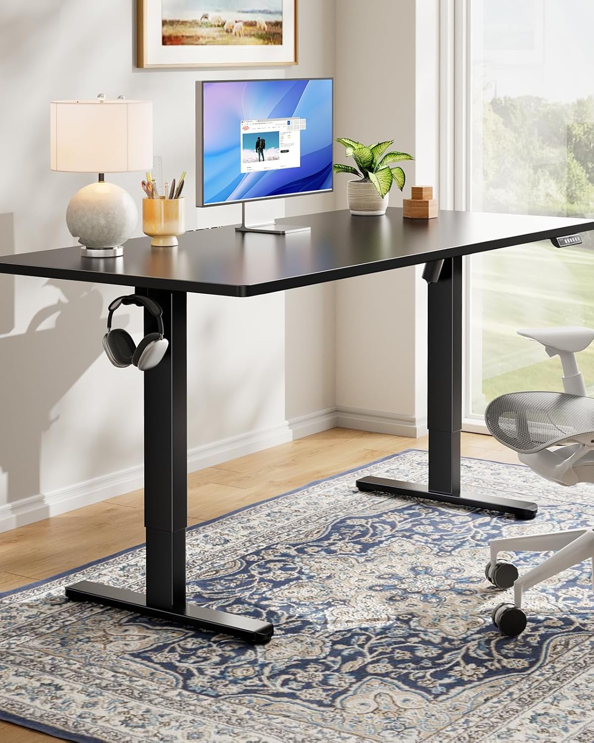 HUANUO Electric Standing Desk, 55" x 28" Whole Piece Desktop, Adjustable Height Computer Desks, 4 Height Memory Settings, Sit Stand Up Desk for Home Office, Black