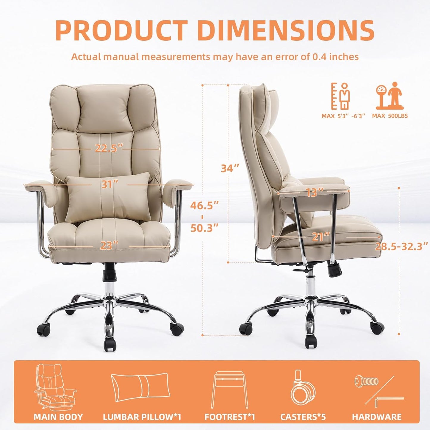 Big and Tall Office Chair 500lbs Wide Seat Executive Office Desk Chair High-Back Office Task Chair, Ergonomic Lumbar Support Computer Office Chairs for Heavy People(Beige)