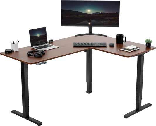 VIVO Electric Corner L-Shaped 63 x 47 in Standing Desk, Memory Height Adjustment, Dark Walnut Top Black Frame, DESK-E3CTD-47