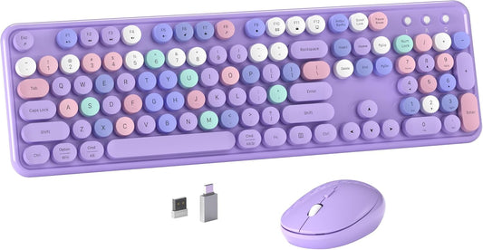 Colorful Wireless Computer Keyboard and Mouse Combo with Round Typewriter Keycaps, Retro Design, Power Switch, Ergonomic Design, 2.4GHz Wireless for Windows, Mac, PC(Purple-Colorful)