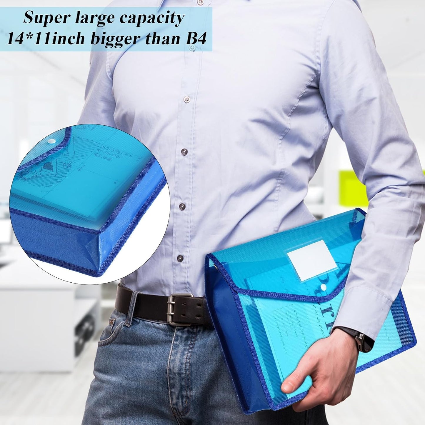 10 Pieces Plastic File Folders Envelope Expanding File Wallet Organizer Documents Folder with Snap Closure and Pocket B4 Waterproof Transparent Pouch for School Office(Blue,Horizontal)