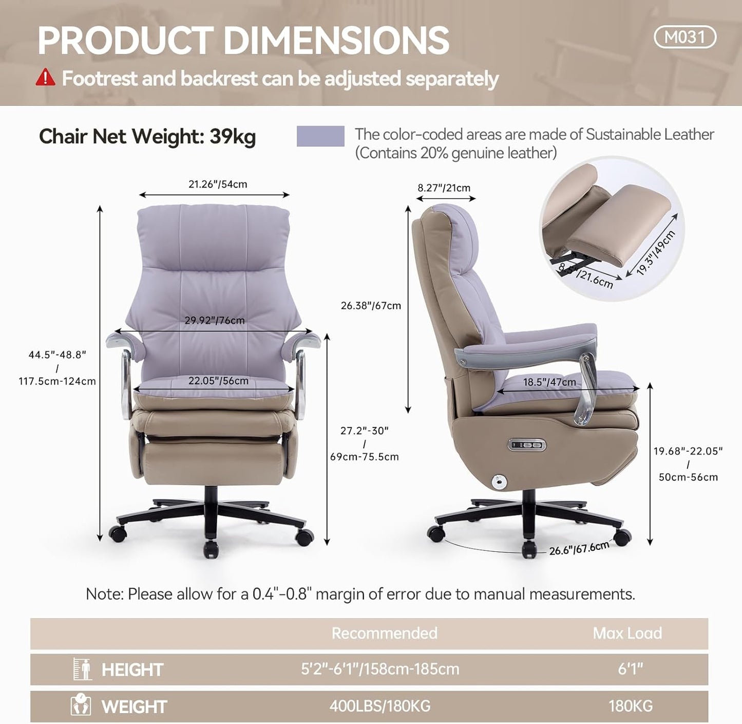 Executive Office Chair with Footrest,Sustainable Leather Electric Ergonomic Reclining Home Office Desk Chairs with Massage,Big and Tall Comfy Computer Chair with Wheels High Back 400LB,Khaki