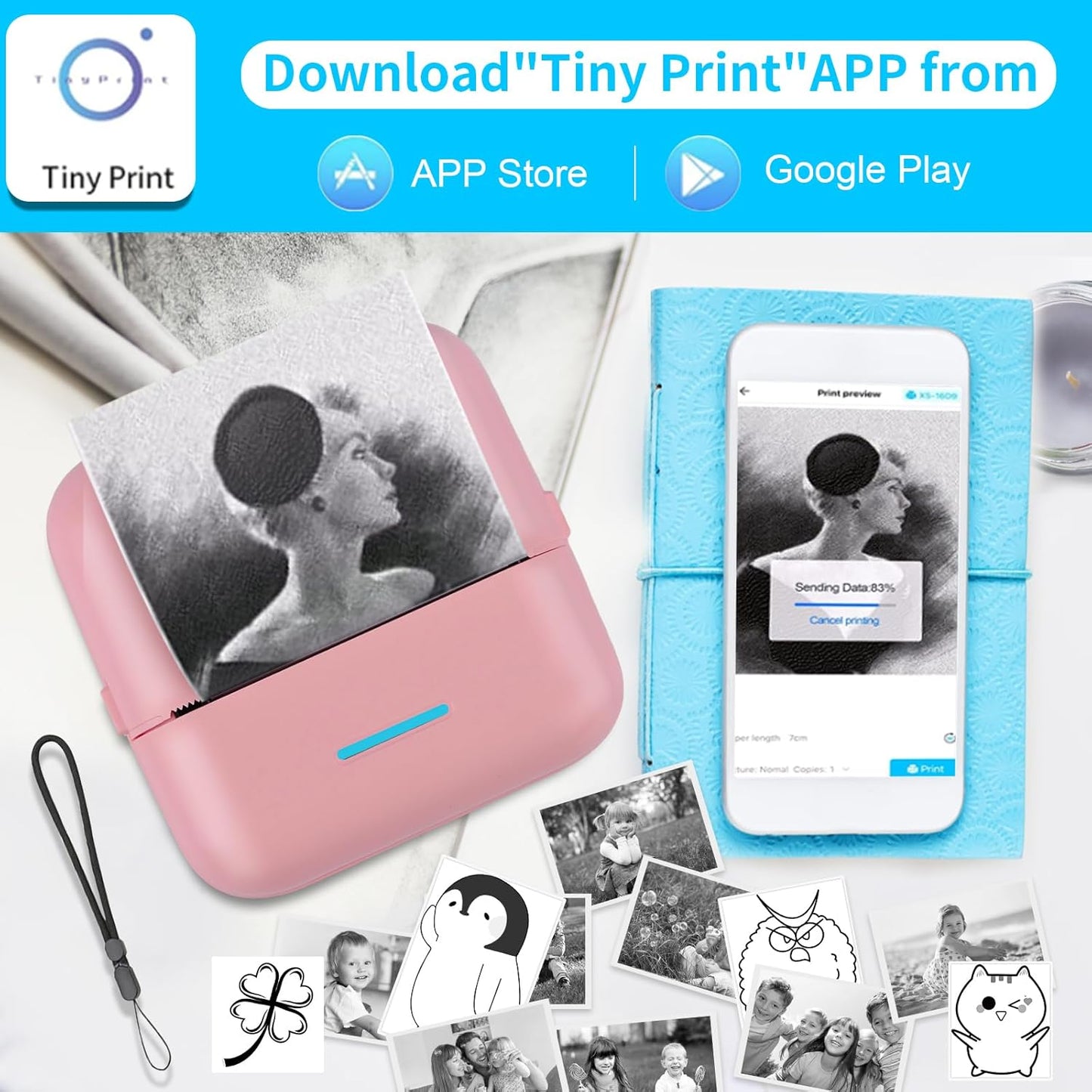 HuiJuKeJi Mini Sticker Printer Bluetooth Smart Pocket Inkless Thermal Printer with 11 Rolls Thermal Paper and Sticker for iOS&Android, Portable Receipt Printer for Photo Journal Notes Memo