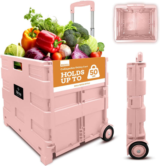 Inspired Living Ultra-Slim Rolling Collapsible Storage Pack-N-Roll Utility-carts, with Telescopic Handle, for Home, Garden, Shopping, Office, School use, Medium, Raspberry Pink