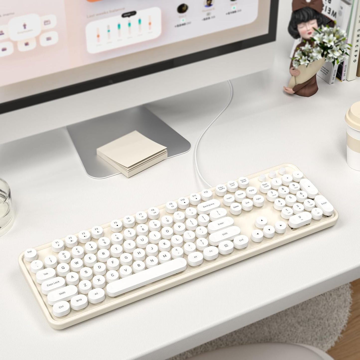 USB Wired Computer Keyboard - Retro Typewriter Keyboard - Full Size Keyboard with Number Pad for PC Laptop Desktop Windows (Creamy White)