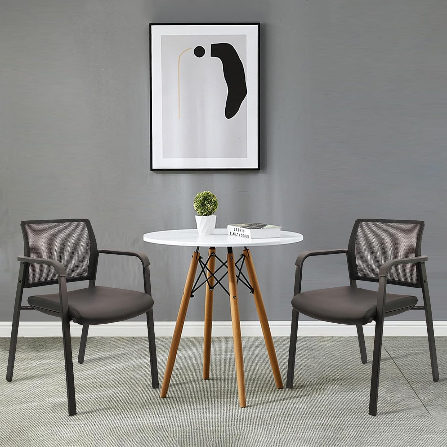 CLATINA Stackable Office Chair, Mesh Back Guest Chairs with Comfortable Leather Seat Arms Stacking Ergonomic Desk Chair No Wheels for Conference Waiting Reception School Stationary, Black, Set of 2