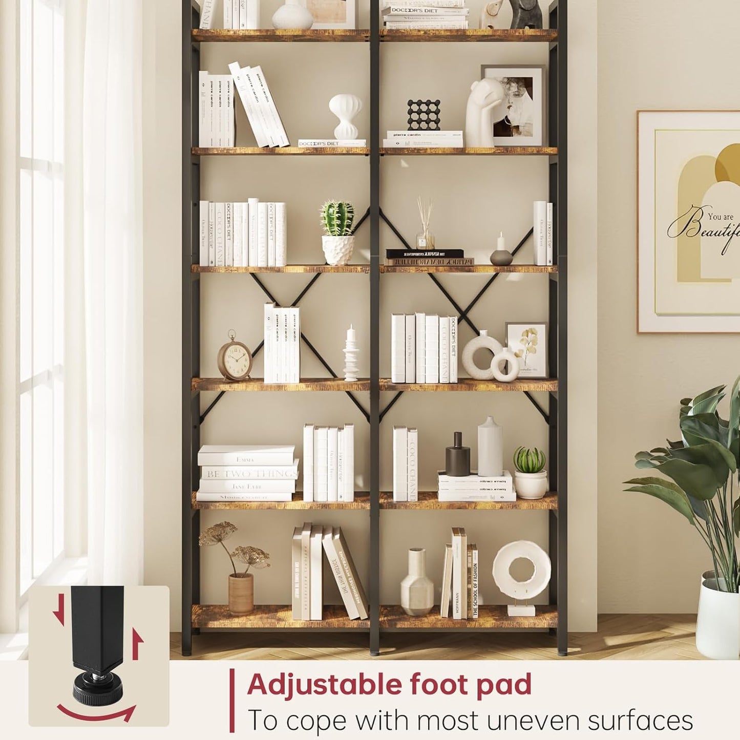 oneinmil 6 Tier Bookshelf Set of 2, 71.5'' Industrial Wood Bookshelves, Book Shelf with 12 Open Display Shelves & Metal Frame, Tall Bookcase for Home and Office, Rustic Brown