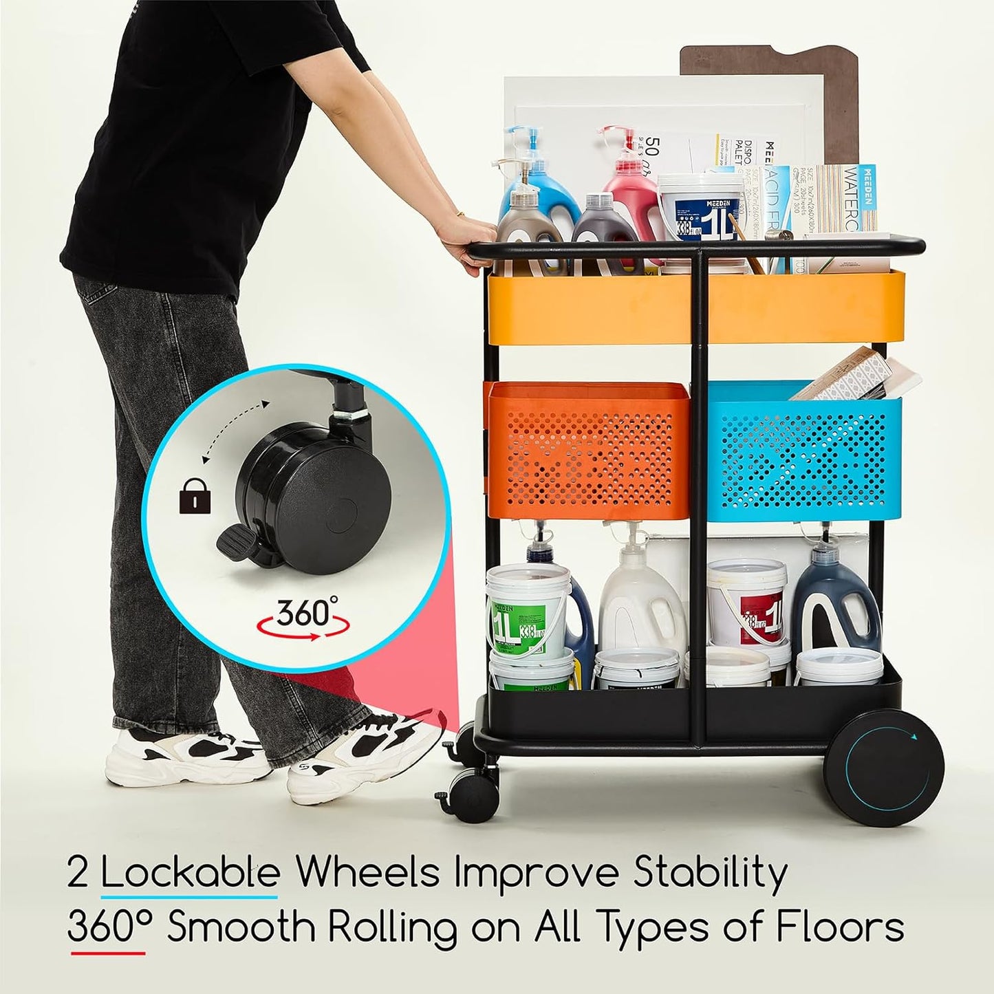 MEEDEN 3 Tier Rolling Utility Cart: Metal Heavy Duty Storage Cart Organizer with Wheels - Portable Tool Trolley for Home Office Kitchen