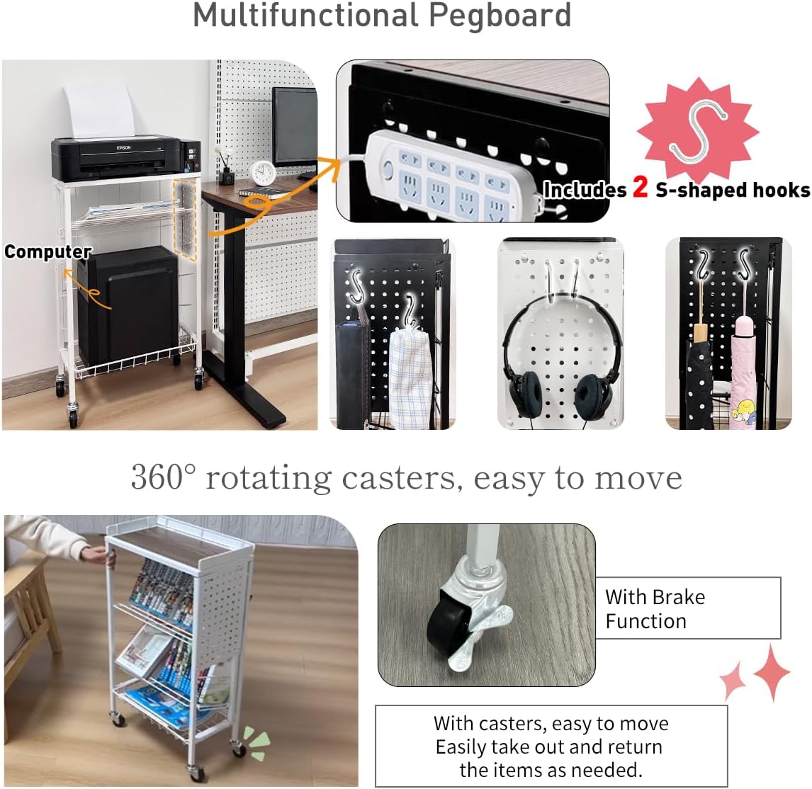 Lumizone Foldable Book Cart 6-Tier Large Capacity Bookshelf Single Sided V-Shaped Sloped Shelves With brake Wheels With PegBoard Slim Rolling Utility Cart Storage Rack, Home Shelves and Office (White)