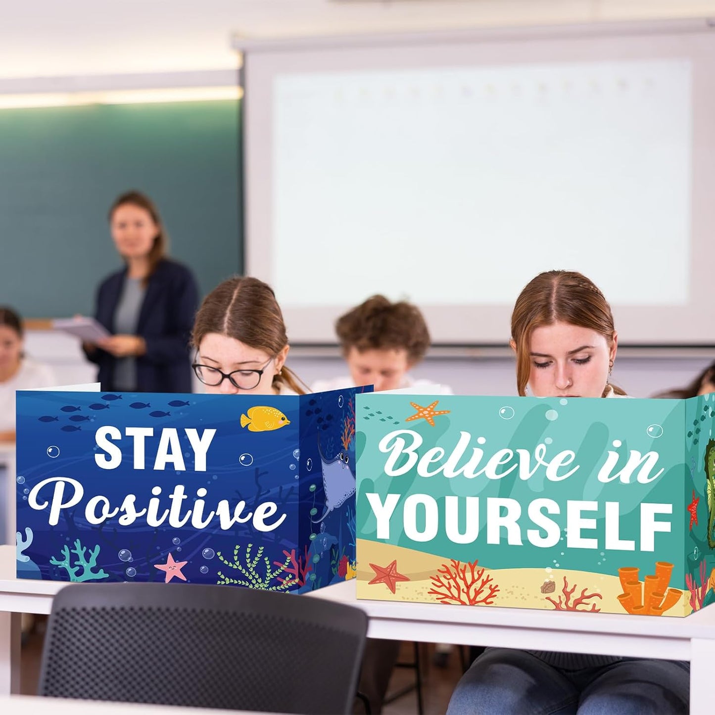 Honoson 24 Pcs Bulk Inspirational Privacy Folders for Students Cardboard Test Privacy Boards Motivational Words Desk Dividers Shield for Classroom School Study Supplies, 6 Styles (Ocean Animal)