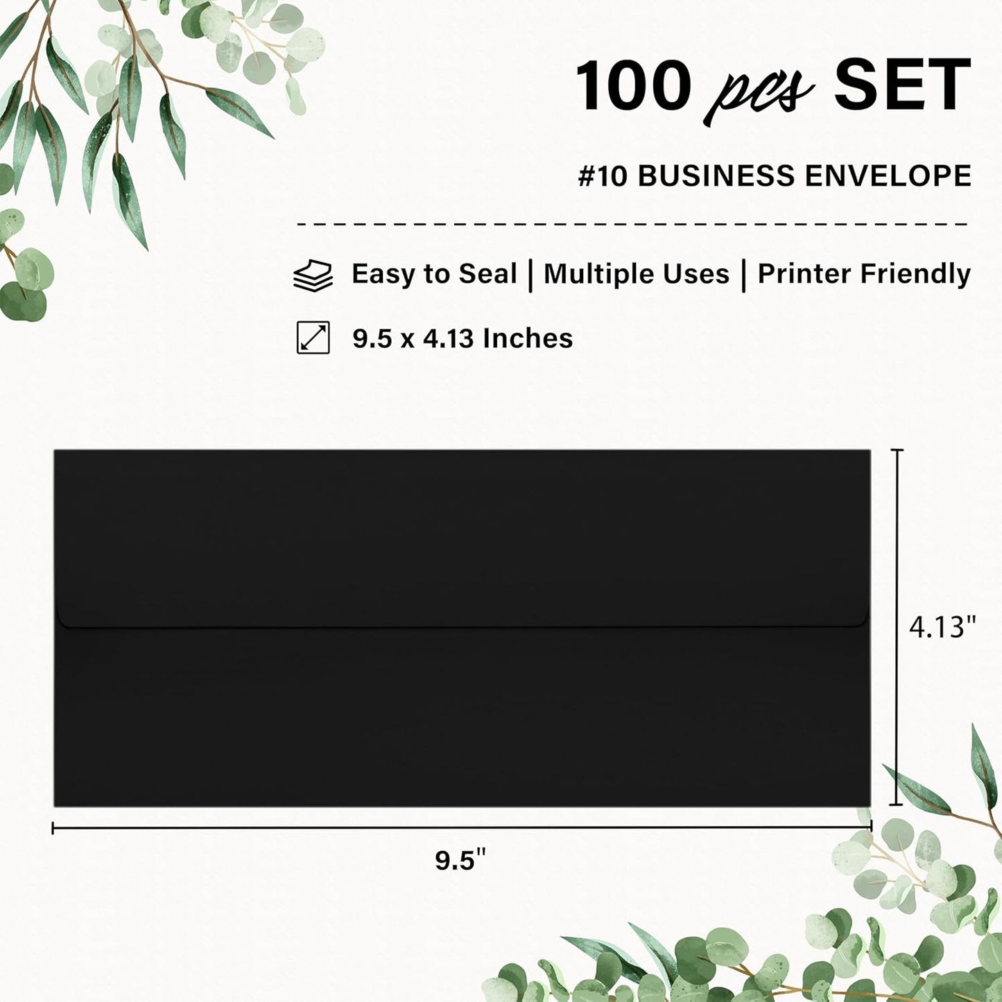 100 Pack #10 Business Envelopes, Self Seal Standard Black Envelopes for Secure Business & Legal Mailing, Office, Checks, Letter, Invoices, 4 1/8 x 9 1/2 Inches