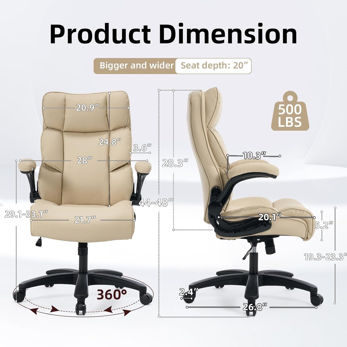 Big and Tall Office Chair 500lbs Wide Seat Executive Office Desk Chair High-Back Office Task Chair, Ergonomic Lumbar Support Computer Office Chairs for Heavy People
