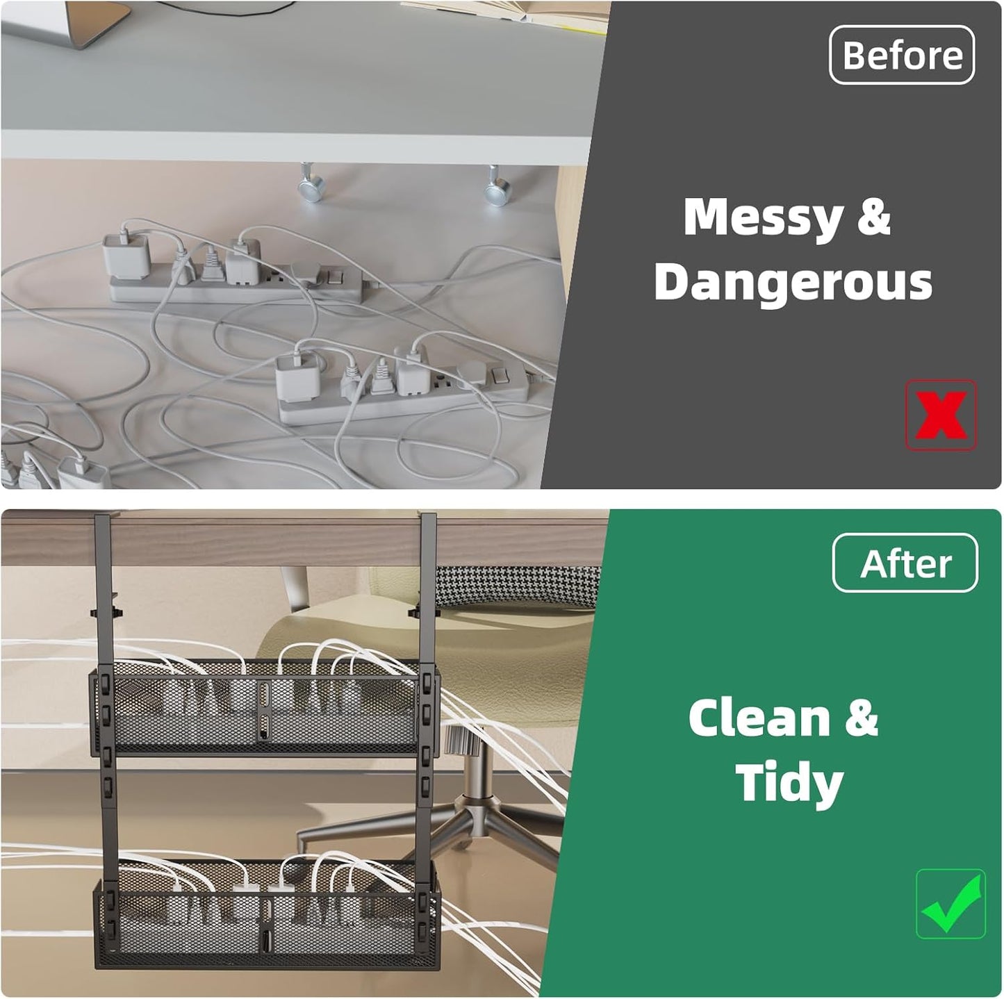 Multi-Model Under Desk Cable Management Tray 2 Packs Metal Under Desk Wire Management Clamp Mount Under Table Cord Management No Damage The Desk (Black)