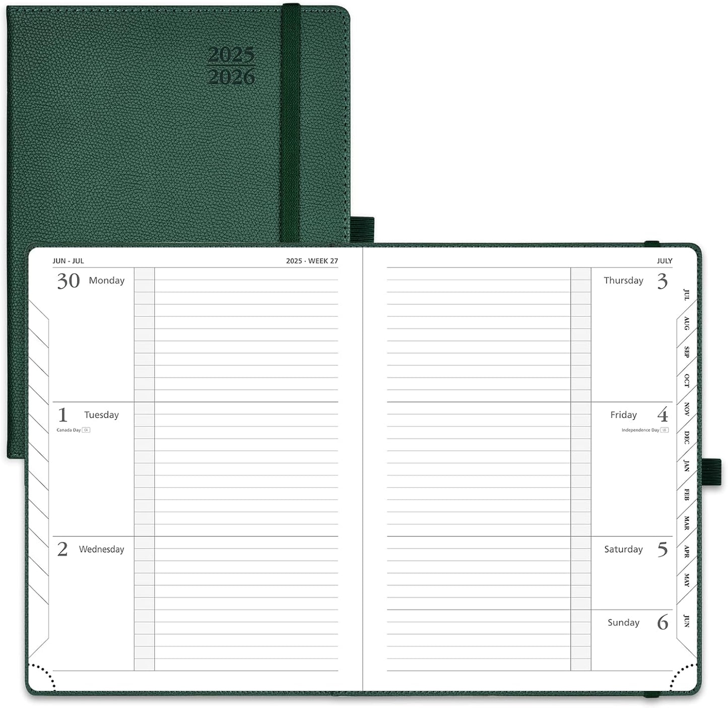 POPRUN Planner 2025-2026 (Medium 6.75''x 8.75''), Horizontal Weekly Notebook Jul.2025 - Jun.2026, Academic Appointment Book with Monthly Tabs, Leather Hardcover, Inner Pocket, 100 GSM - Army Green