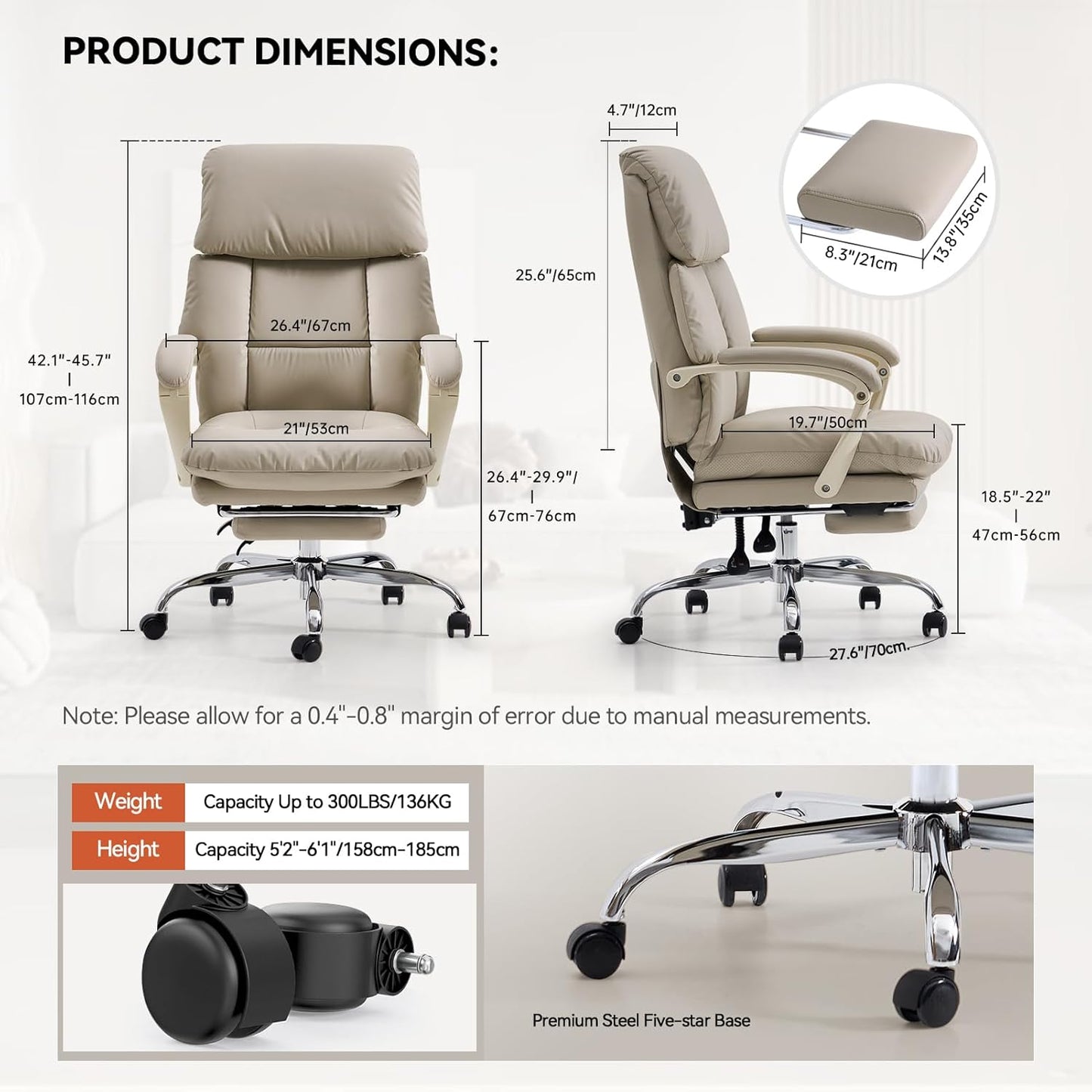 EMIAH Office Chair with Foot Rest, Ergonomic Executive Office Chair with Arms, Reclining High Back PU Leather Comfy Swivel Computer Desk Chairs with Wheels and Lumbar Support for Home Office, Beige