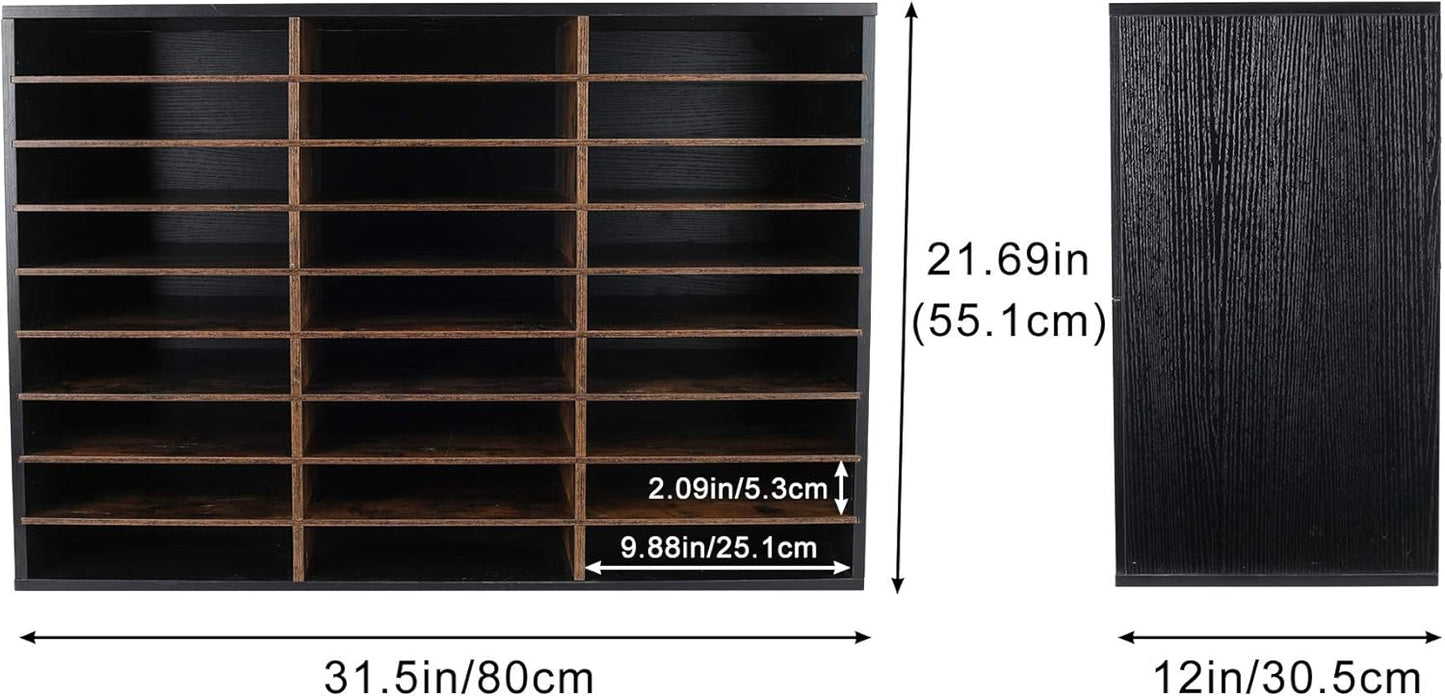TQVAI Wood Adjustable Literature Organizer Desktop File Sorter Mail Center Paper Storage Cabinet Home & Office Mailbox School Classroom Keepers, 27 Slots Compartments, Black/Archaize