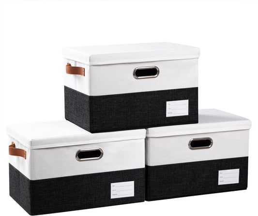 PRANDOM Foldable Storage Bins with Lids [3-Pack] Fabric Collapsible Storage Boxes Baskets Cubes Containers with Handles for Closet Living Room Bedroom (Black & White 14.9x9.8x9.8'')