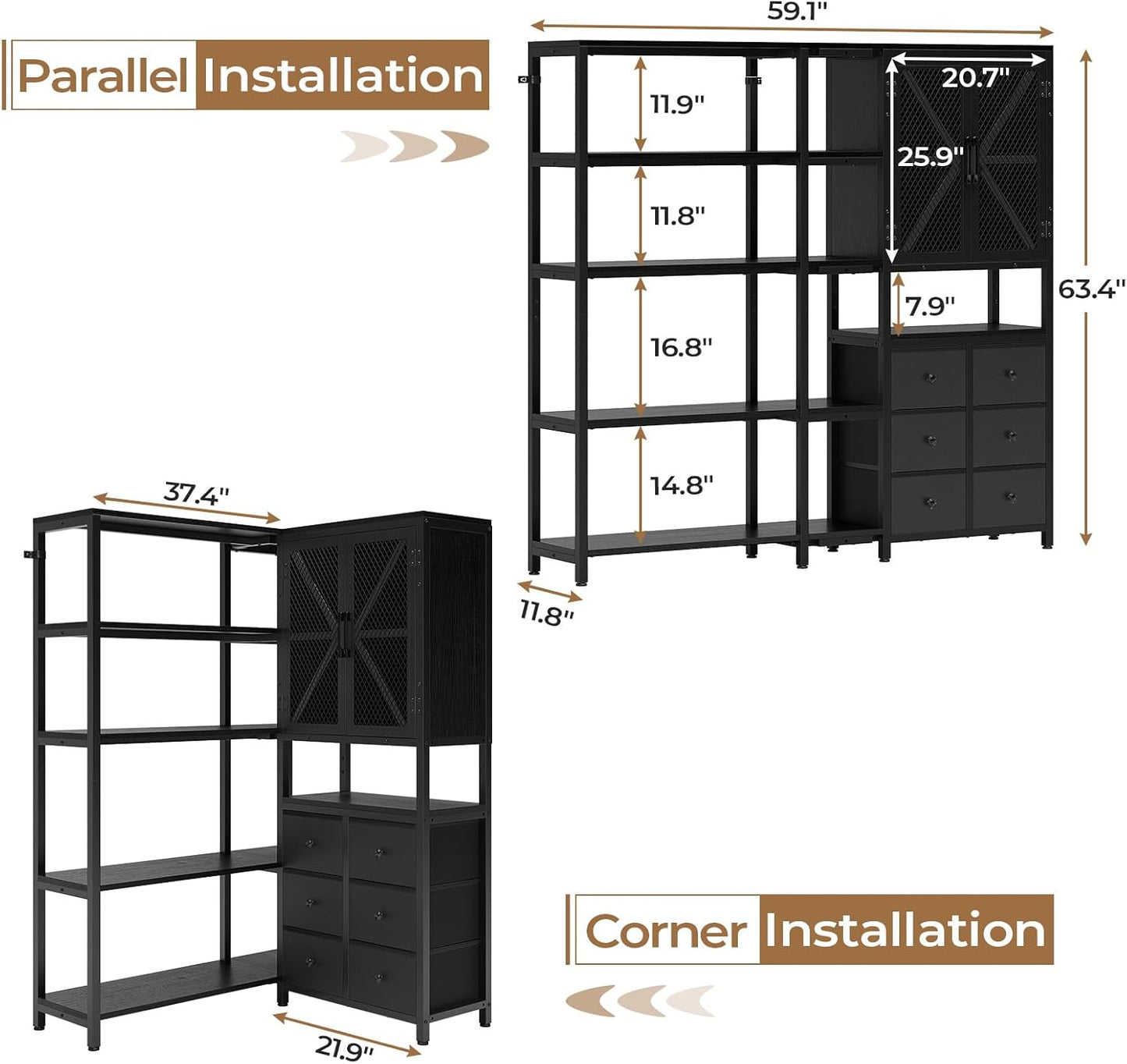 Corner Bookshelf, 5 Tier Industrial Convertible Bookshelf with 6 Fabric Drawers, Corner Bookcase Large L Shaped Storage Display Shelf for Home Office, Living Room, Kitchen, Black