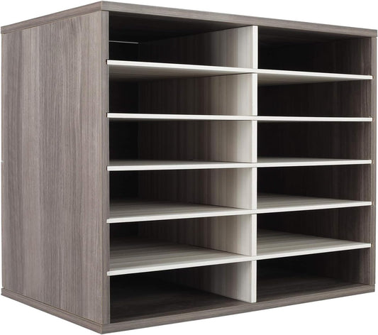 TQVAI Wood Adjustable Literature Organizer Desktop File Sorter Mail Center Paper Storage Cabinet Home & Office Mailbox School Classroom Keepers, 12 Slots Compartments, Retro Grey/White