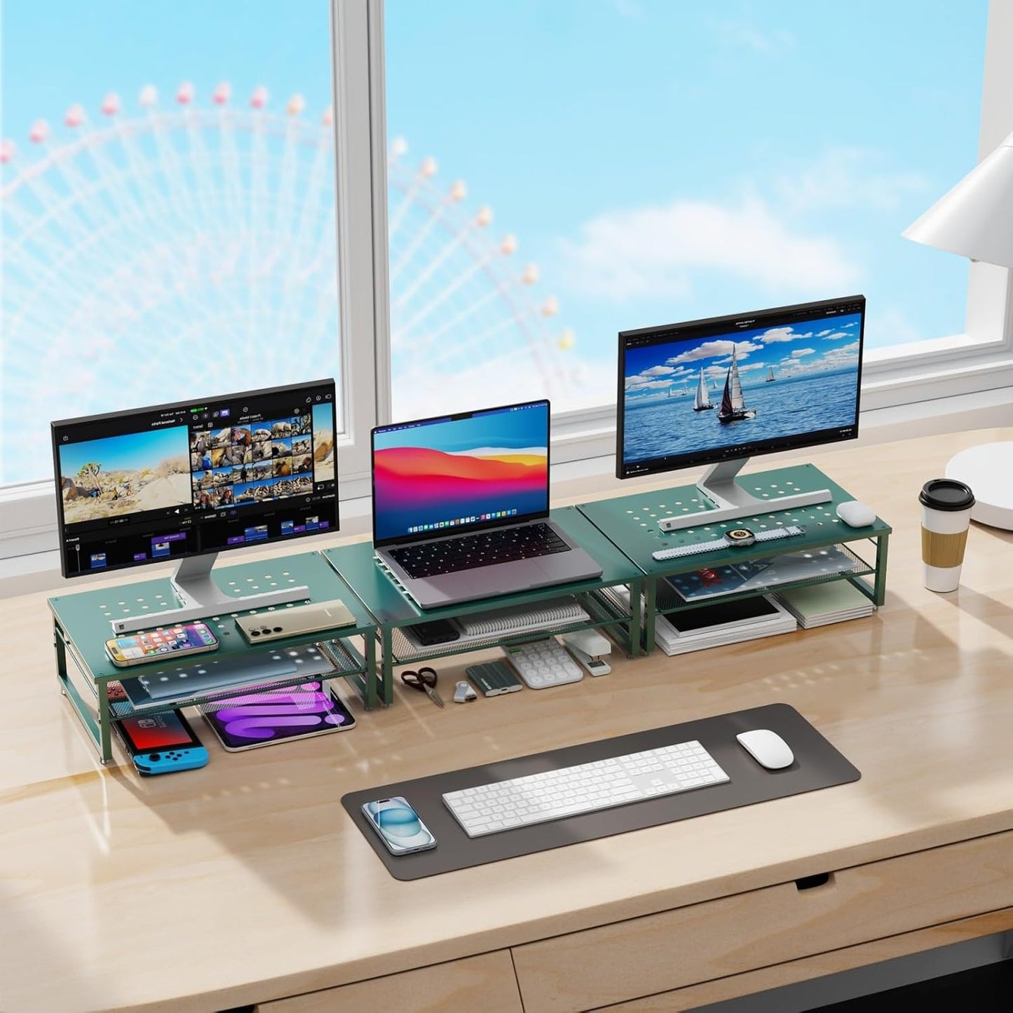 gianotter 2-Tier Metal Monitor Stand Riser, Desk Organizer for Monitor, Office Desk Storage Organizer for Office Supplies (Dark Green)