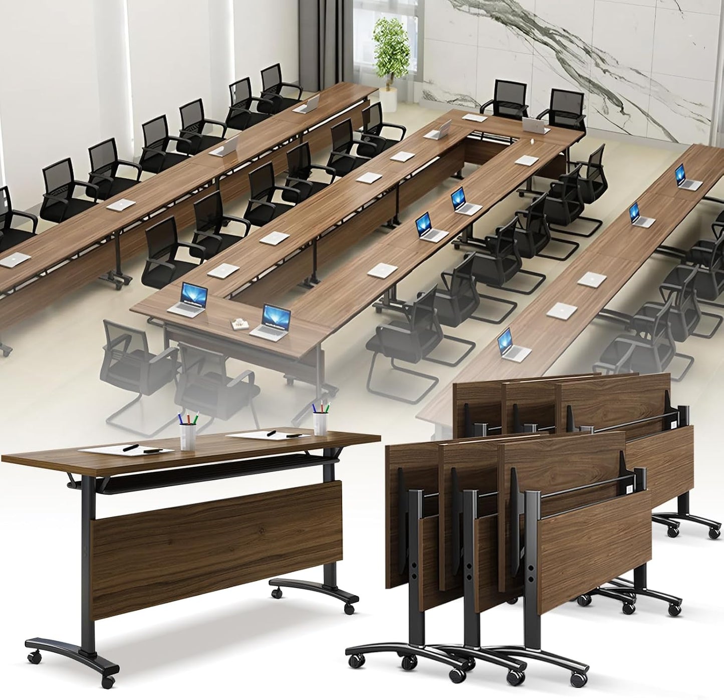 Folding Conference Room Table, Modern Conference Tables with Wheels, Large Rectangular Mobile Training Tables for Office Classroom, Foldable Modular Boardroom Seminar Table Walnut (6pack L63in)