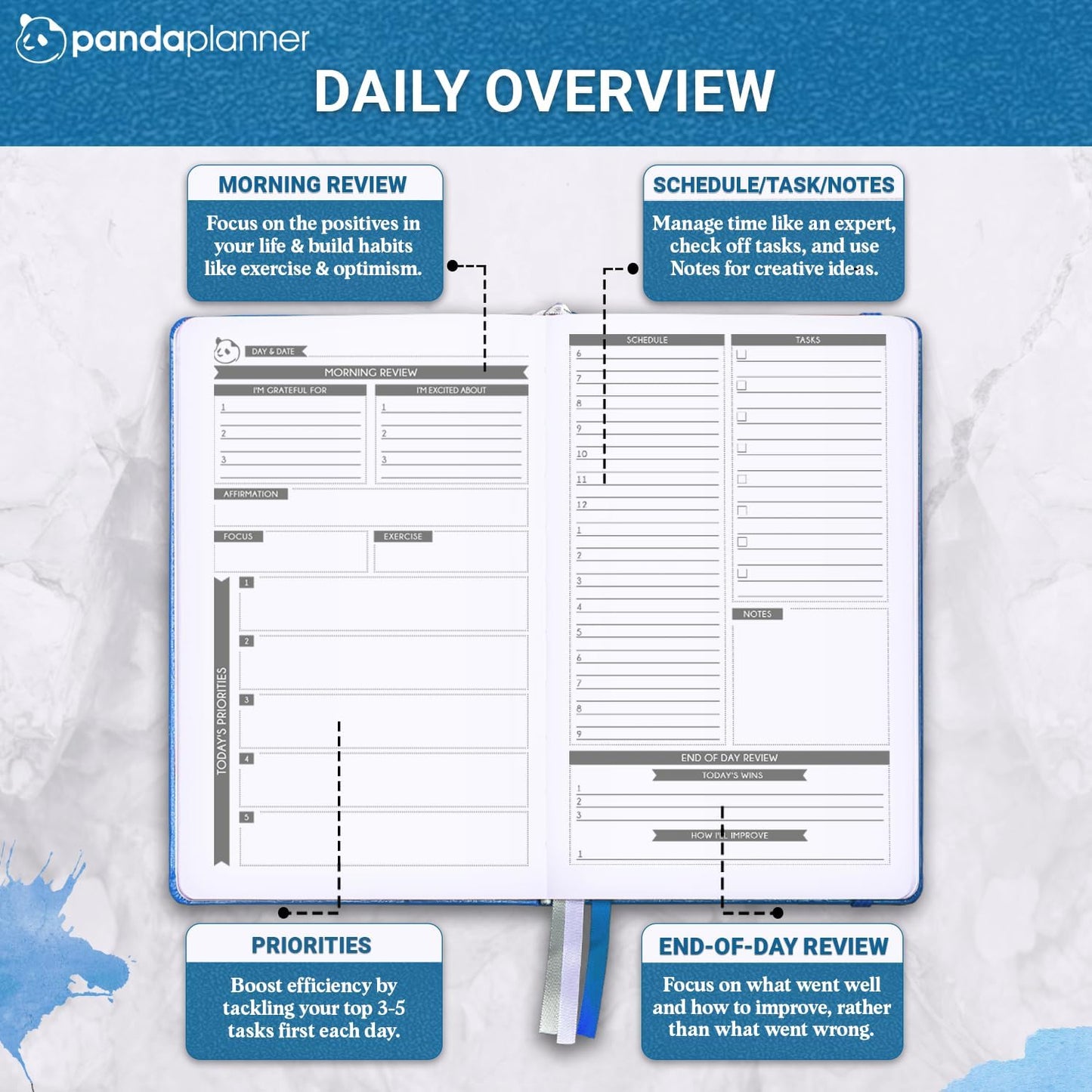 Panda Planner 2025-2026 – Undated Classic Daily Planner & Hourly Schedule Planner Notebook – Productivity Planner for Focus & Goals – Blue