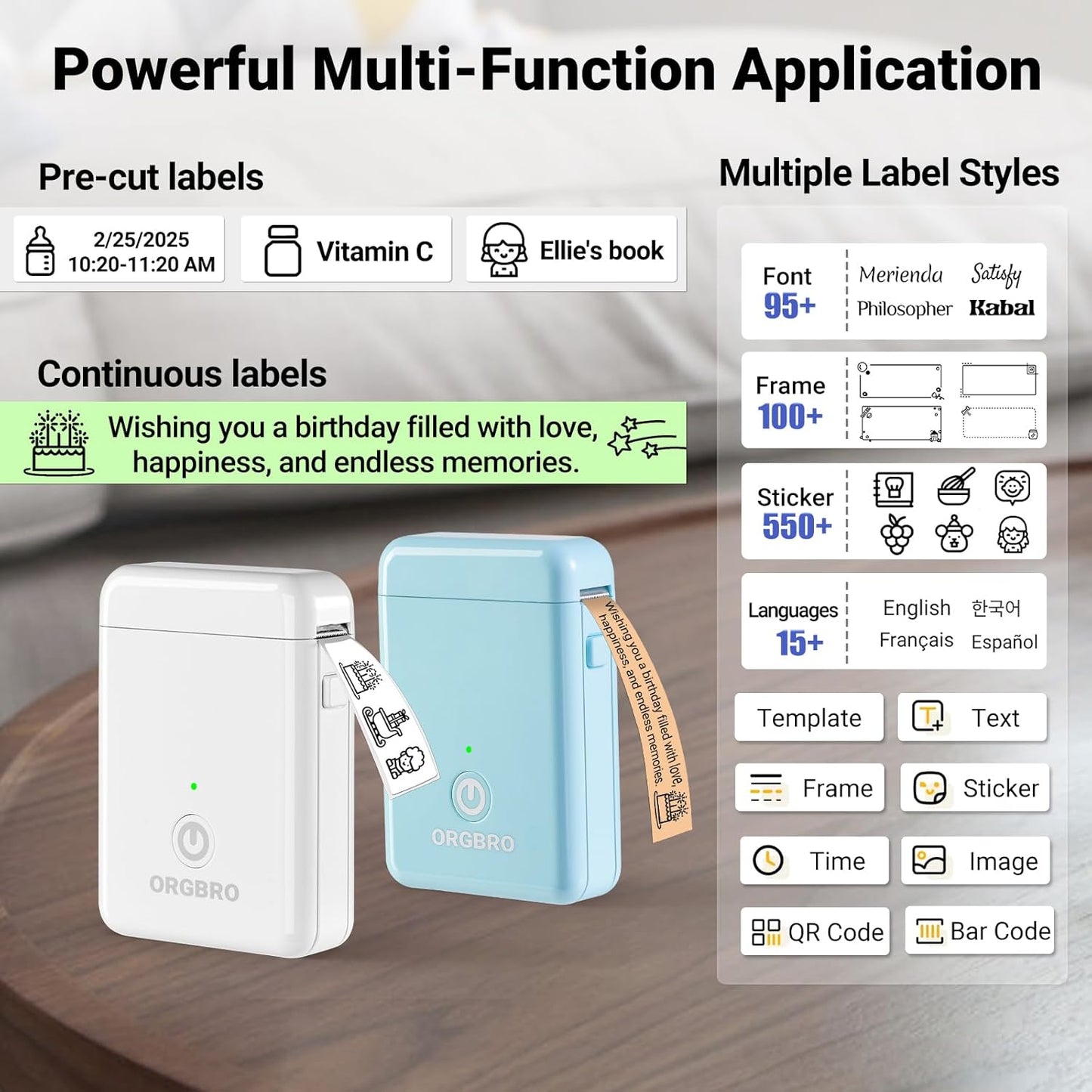 ORGBRO Label Maker Machine with Tape, X1 Portable Bluetooth Mini Label Printer, Support Pre-Cut & Continuous Label, Wireless Small Label Makers with Versatile App for School Home Office Organization