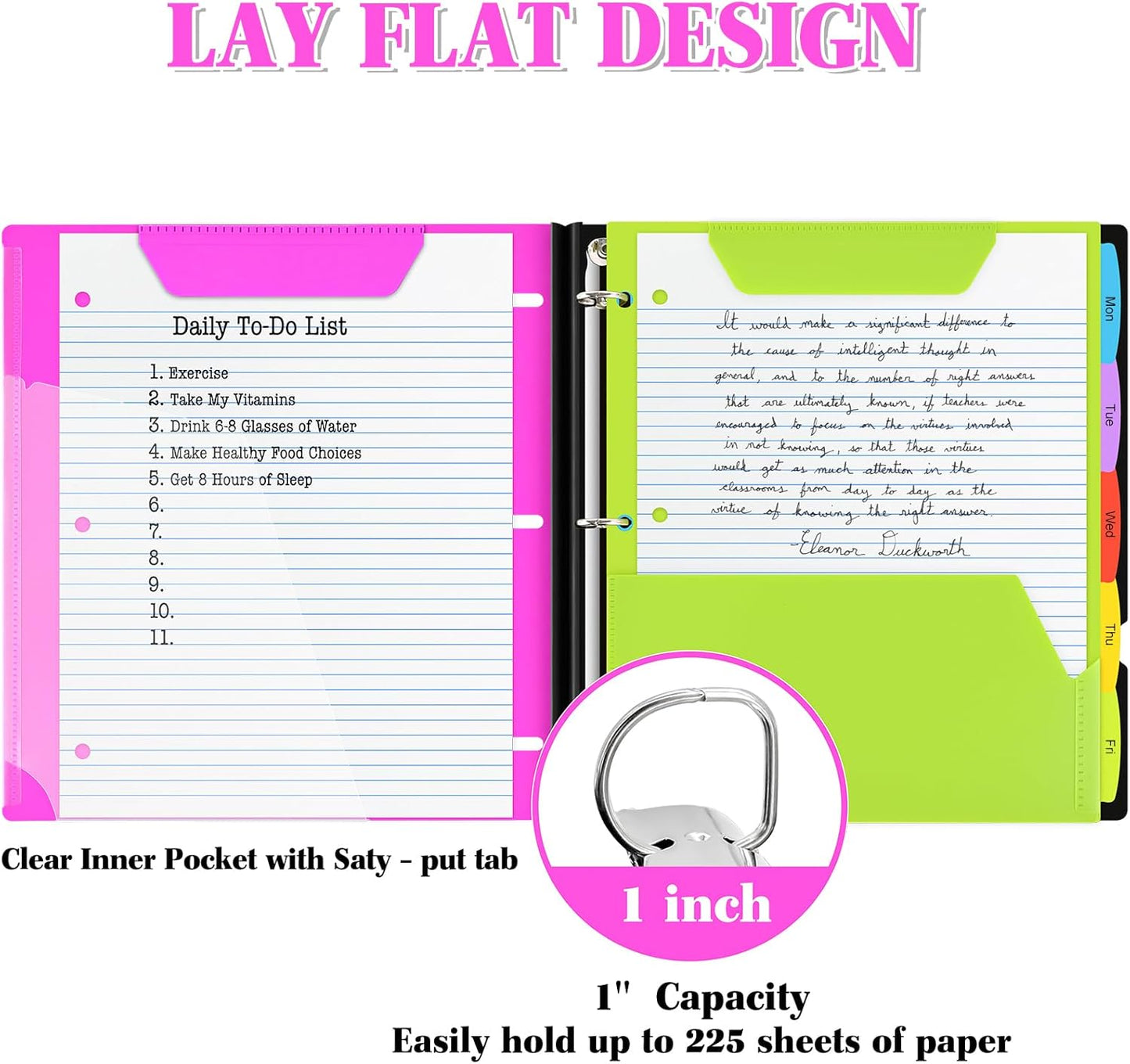 INFUN 1 Inch Telescoping 3 Ring Binder - 1PCS,Flexible Round Binder with Customizable Front Cover and Clear Catalog Pocket, 1 Inch Rings, 225 Sheet Capacity-Pink