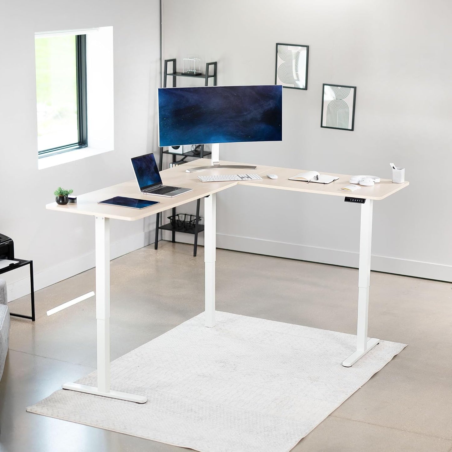 VIVO Electric Corner L-Shaped 75 x 63 in Standing Desk, Memory Height Adjustment, Light Wood Top White Frame, DESK-E3CTC-75