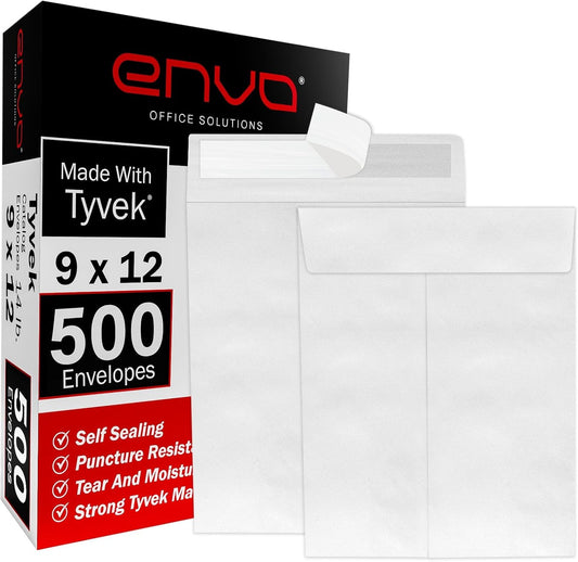 9 x 12 Envelopes, Tyvek Envelopes 9x12, Catalog Envelopes 9x12, Self Sealing Closure, Tyvek Material, 14 lb., Puncture, Tear & Moisture Resistant (500 Pack)