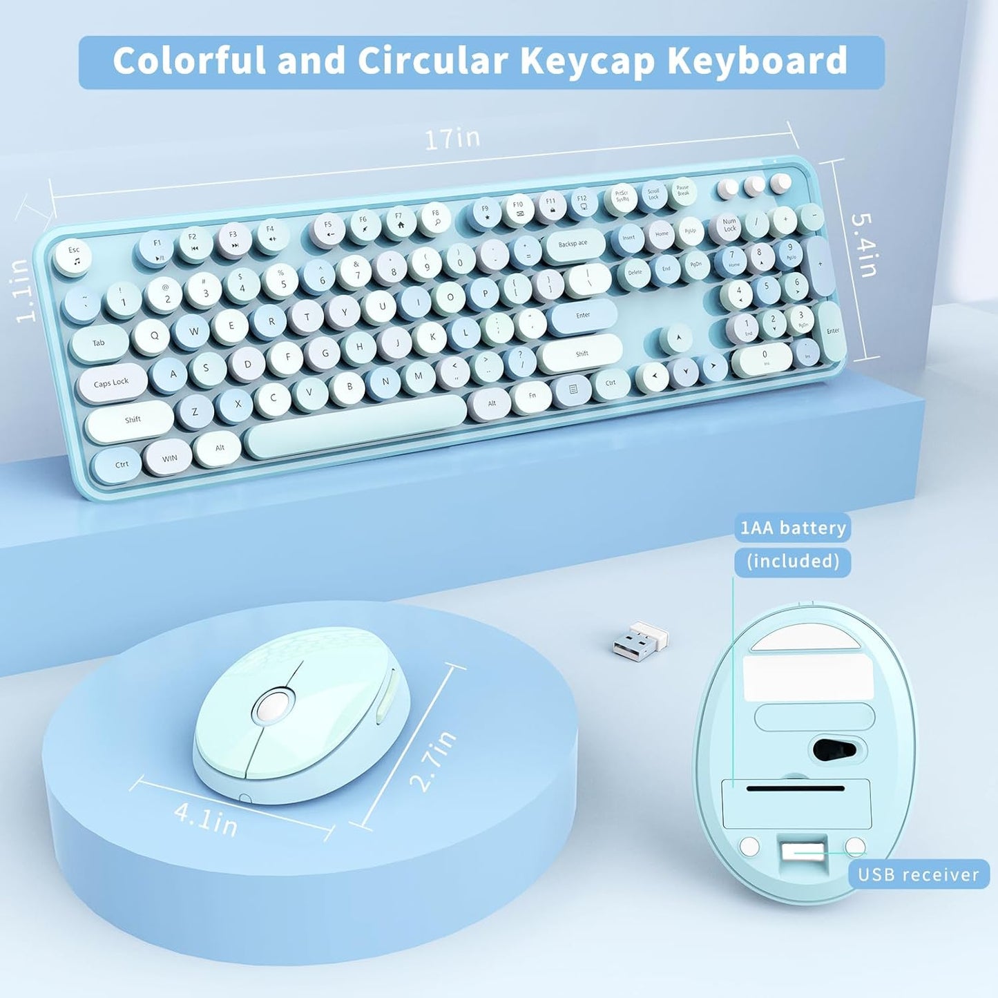 Wireless Keyboard and Mouse Combo, Ergonomic Full Size Typewriter Retro Round Keycaps Keyboard, Compatible with Windows, PC, Perfer for Home and Office Keyboards (Blue