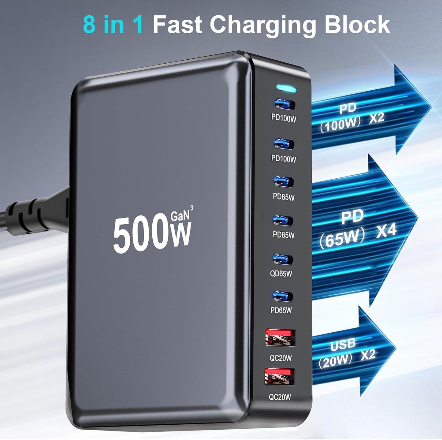 500W USB C Fast Charger Block, 8 Port USB Charging Station, GaN Ⅲ Pro Double 100W PD PPS Port Fast Charging Station for Multiple Devices,Laptop Wall Charger Compatible with MacBook, iPhone 17,iPad etc