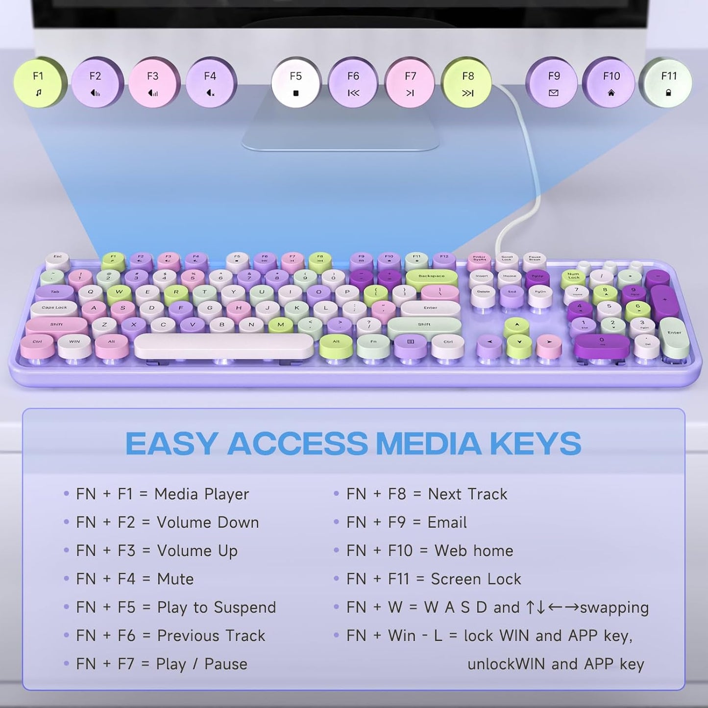 Wired Keyboard, 104 Keys Full-Sized Typewriter Keyboards, USB Office Keyboard with Number Pad, Caps Indicators, Foldable Stands for Windows, PC, Laptop, Desktop (Purple Colorful)