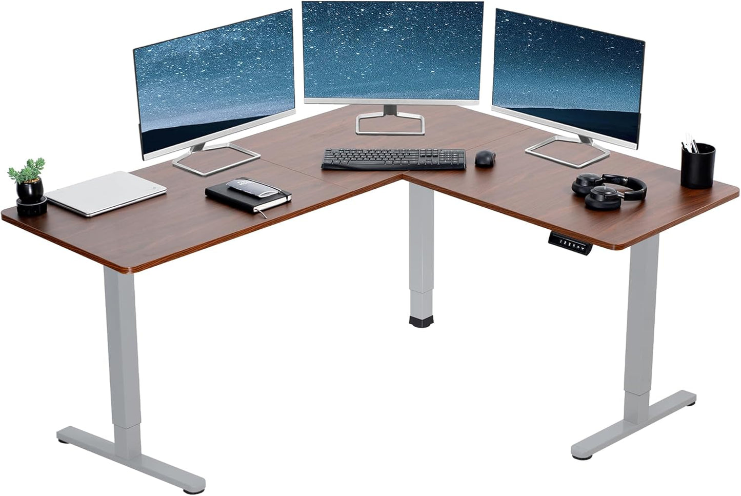 VIVO Electric Corner L-Shaped 63 x 55 in Standing Desk, Memory Height Adjustment, Dark Walnut Top Gray Frame, DESK-E3CTGD