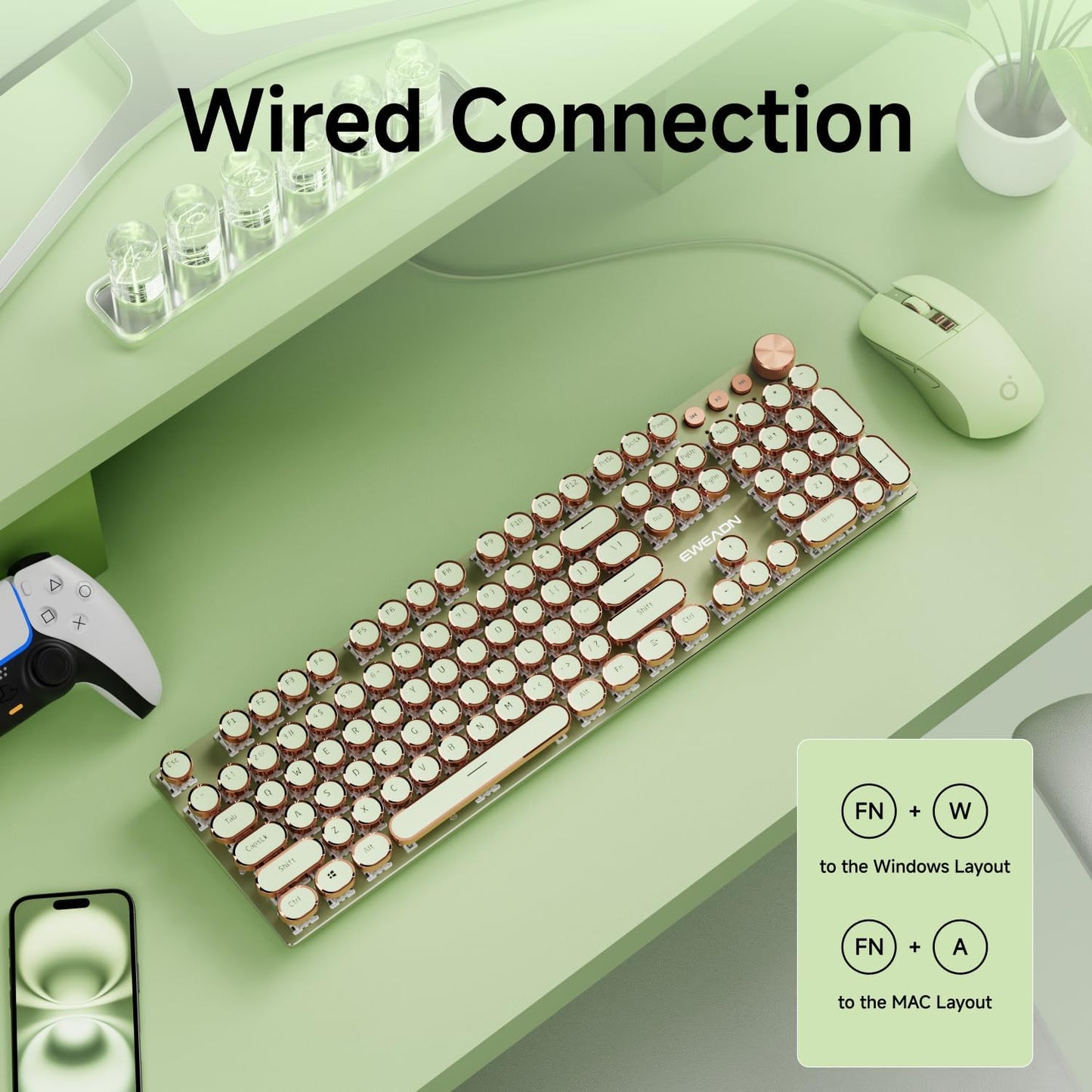 EWEADN Wired Typewriterkeyboard and Mouse Combo, Typewriter Style Mechanical Gaming Keyboard,104 Keys Backlit LED Keyboards, Media Control Knob, Wired Keyboard Pink Switch for Windows/Mac/PC-Green