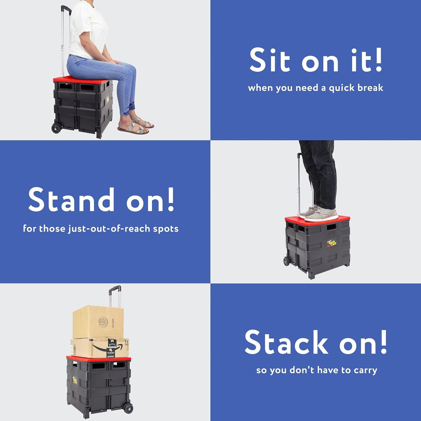 dbest products Quik Cart Collapsible Rolling Crate on Wheels for Teachers Tote Basket 80 lbs Capacity, Made from Heavy Duty Plastic and used as a Seat, Standard, Red