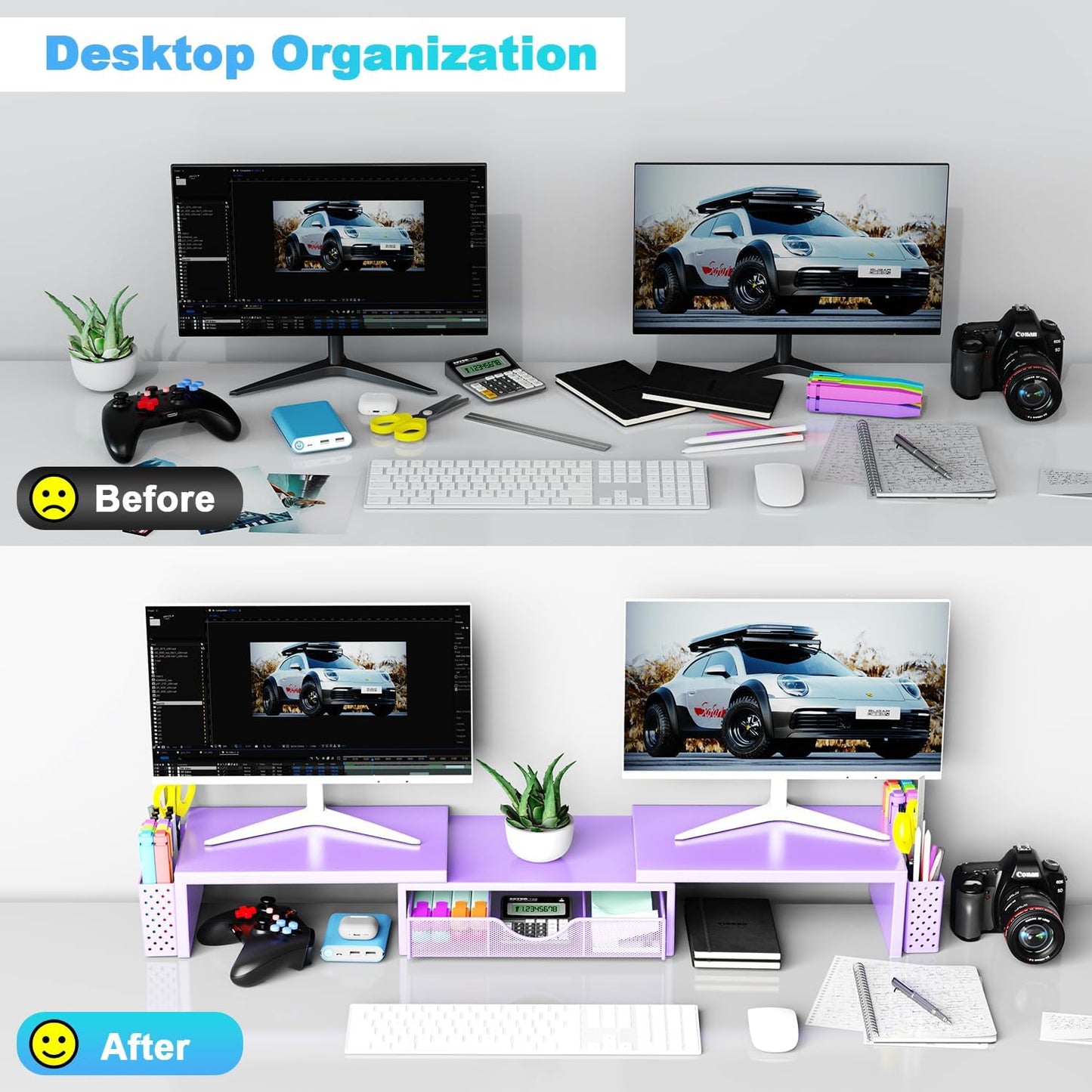 Spacrea Metal Desk Organizers and Accessories, Dual Monitor Stand Riser with Drawer and 2 Pen Holders, Desk Accessories & Workspace Desktop Organizers for Office Supplies (Purple)